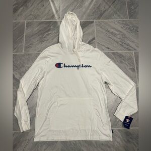 NWT Champion Mens Heavyweight Jersey Hoodie White Logo Size Large Pullover